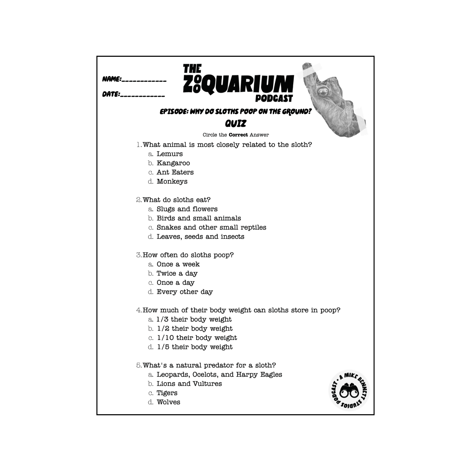 Zooquarium Sloth Quiz - Mike Bennett Studios