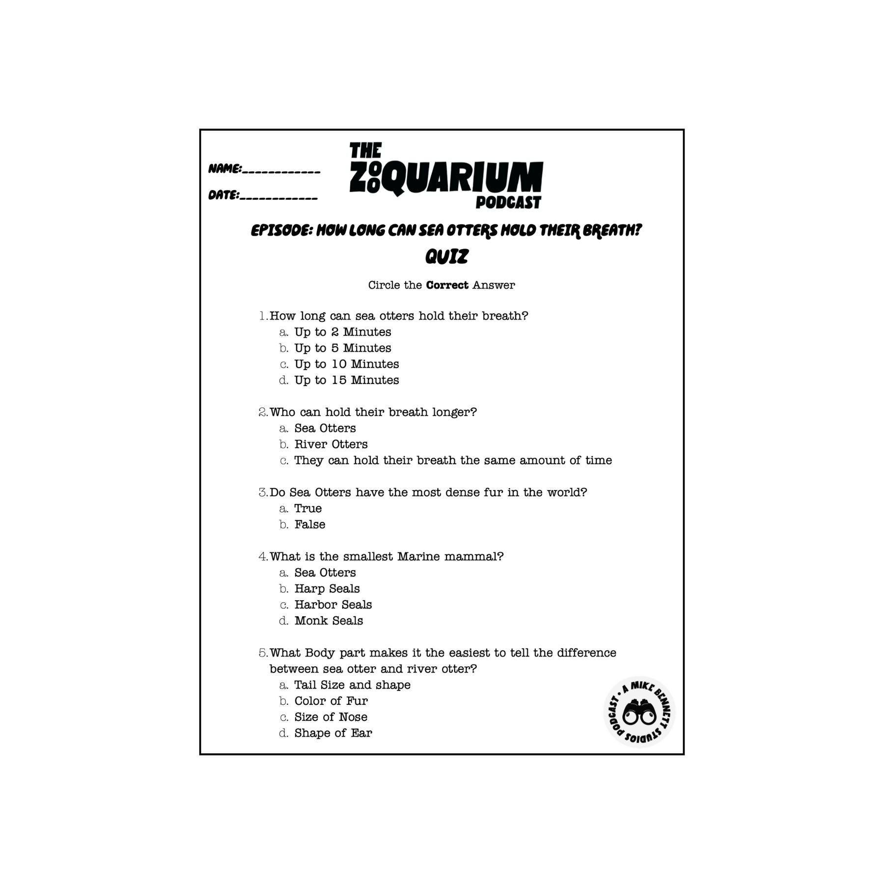 Zooquarium Sea Otter Quiz - primary