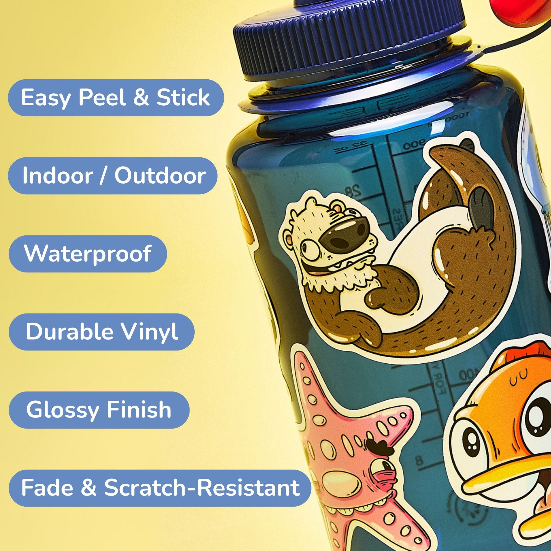 Blue water bottle with colorful animal stickers on it, on a yellow background with sticker attributes listed like waterproof, durable and fade resistent
